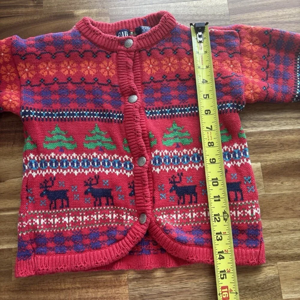 Vintage GAP Kids Fair Isle Cardigan Red Sweater XS Moose Tree Scandi 100% Cotton